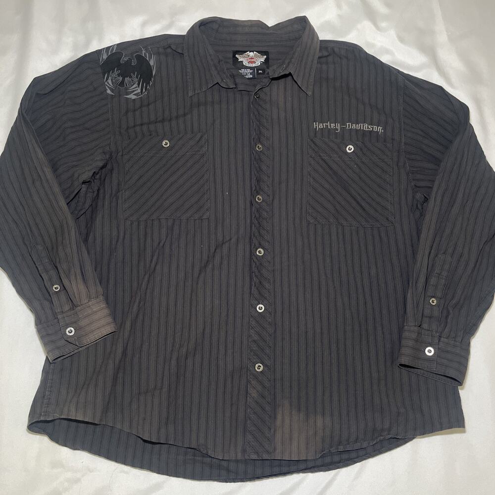 Vintage Harley Davison Mens Button Up Shirt 3XL Gray Striped Logo Y2K Embroidery